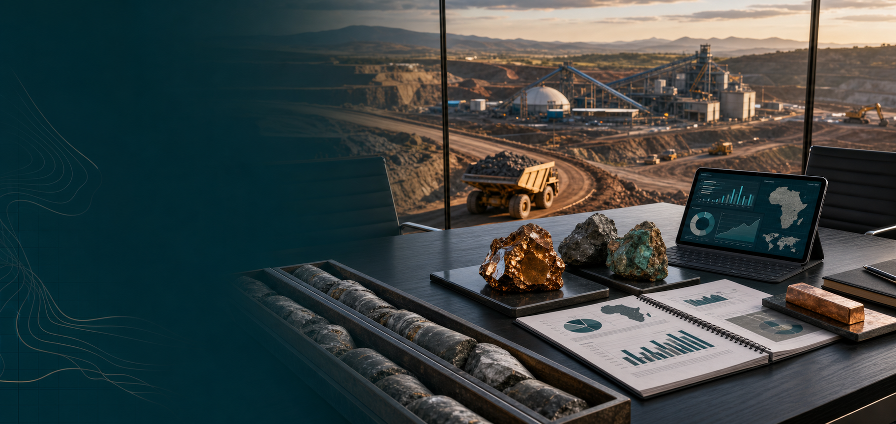 Metals and mining investment advisory desk overlooking a mining operation